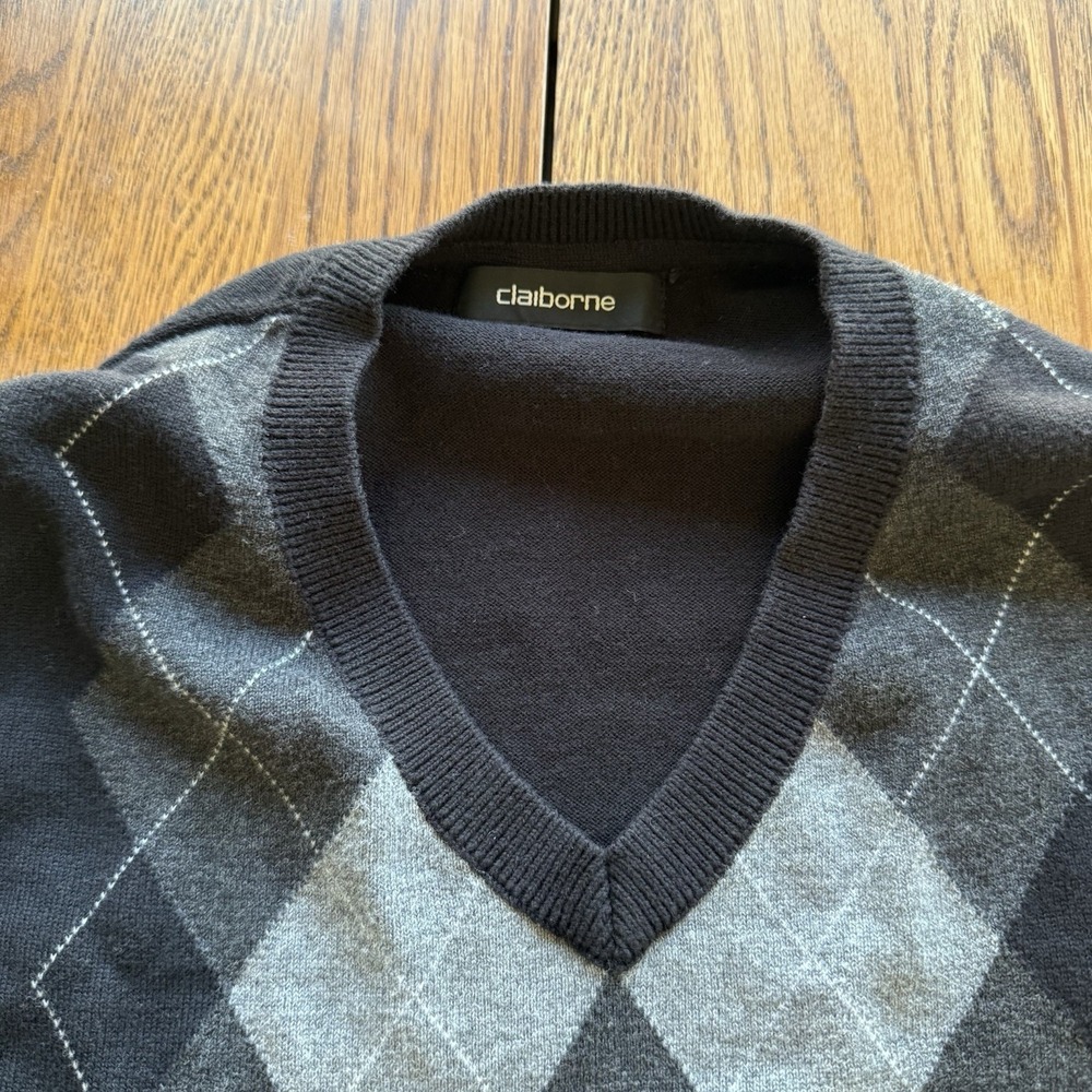 Set 2 Liz Claiborne Argyle Preppy Academy‎ Cotton Sweater Size Large Blue Black - Picture 10 of 13